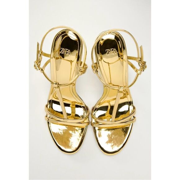 NWT ZARA Ankle Strap Heeled Metallic Sandals in Gold - Picture 2 of 5